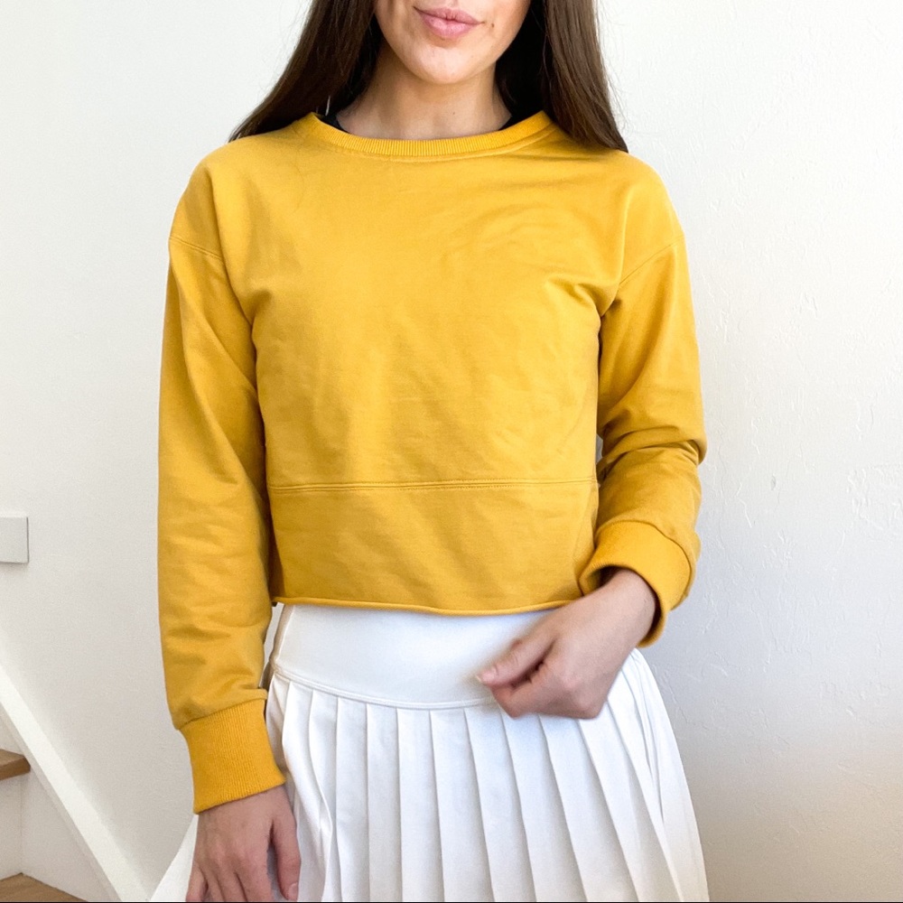 Zyia Active Crew Neck Yellow Cropped Mustard Cut Off Pullover Sweatshirt Small